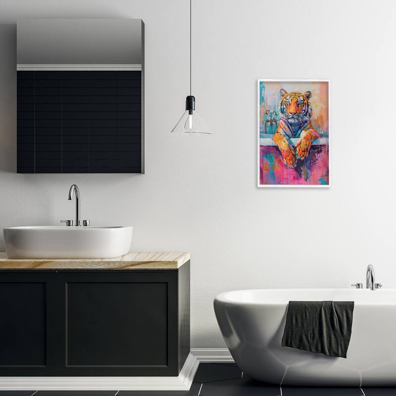 Stupell Bathing Tiger in Bright Tub Framed Giclee Art Design By LSR Design Studio