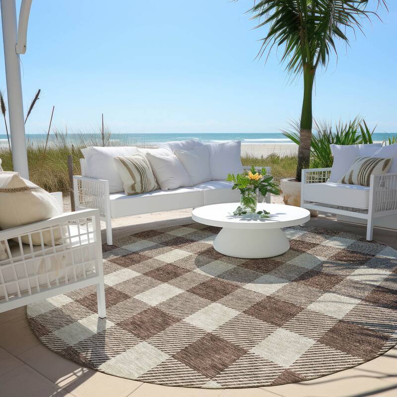 Machine Washable Indoor/ Outdoor Chantille Plaid Rug - Brown - 8' x 8'