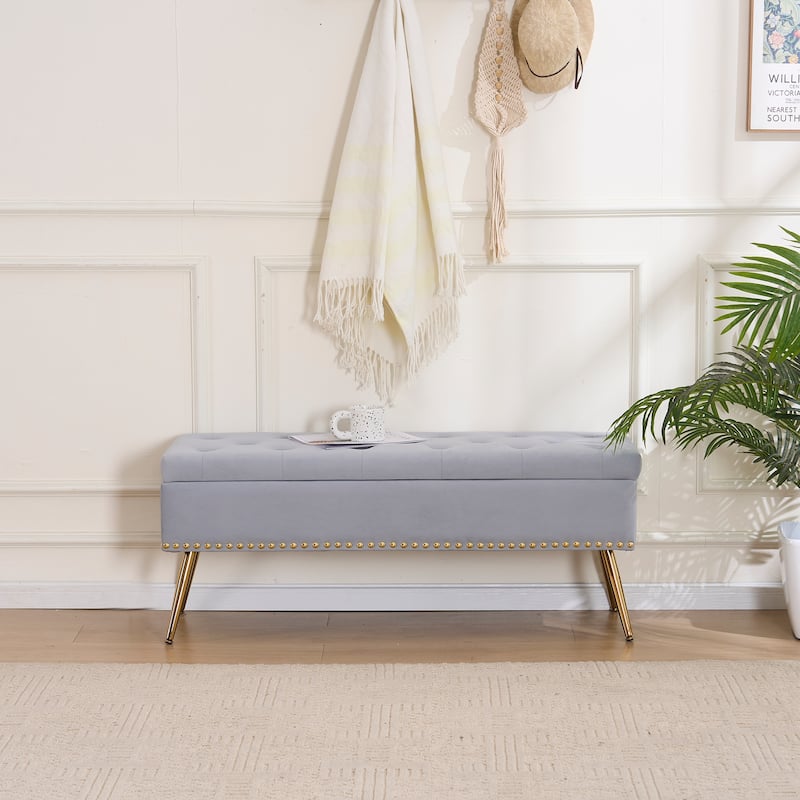 Velvet Storage Ottoman Bench with gold legs and Nailhead Trim for Bedroom/End of Bed/Entryway/Window