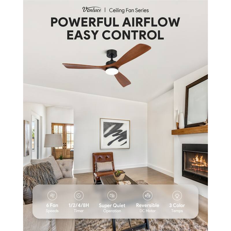 CO-Z 52" 3 -Blade Color-Changing LED Ceiling Fan With Light and Remote - Matte Black with Walnut Blades - Remote