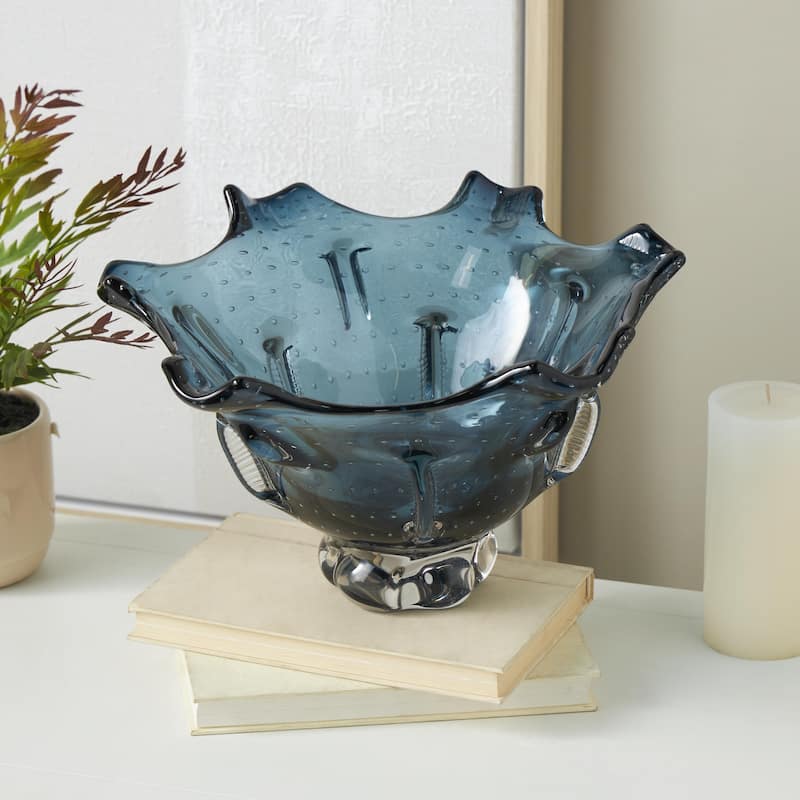 Glass Abstract Tulip Shaped Ombre Decorative Bowl with Bubble Texturing - Dark Blue - Roche River Decor