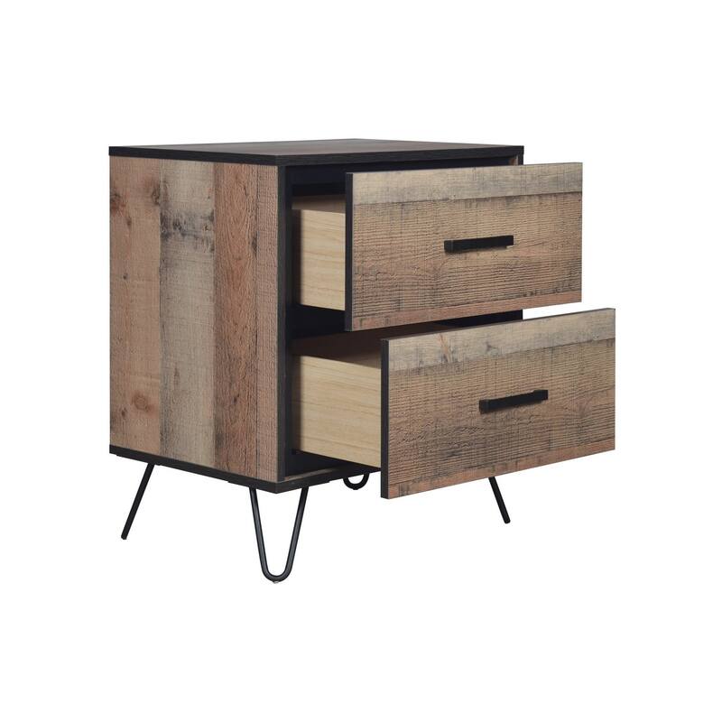 Lala 25 Inch Nightstand, 2 Drawers, Black Handles, Rustic Brown Wood Finish