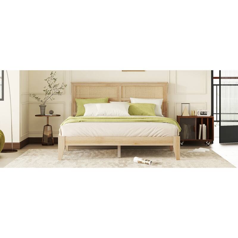 Roomfitters Queen Solid Rubber Wood Bed Frame with Rattan Headboard, Reinforced Support Feet Platform Design, White