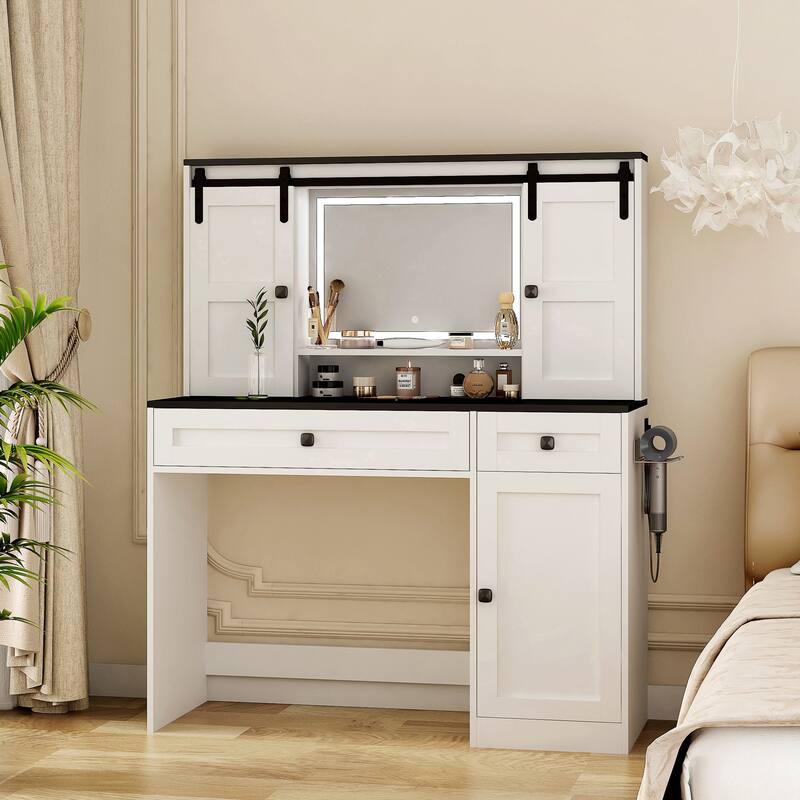 43" White Make-up Vanity Desk with Mirror and Lights for Bedroom, Farmhouse Dressing Table with Charging Station