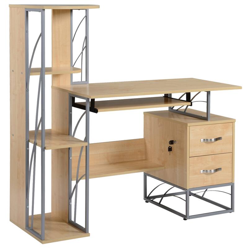 Modern Computer Desk with 4-Tier Bookshelf