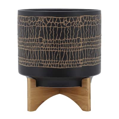 Sagebrook Home Modern Neutral Ceramic Planter Pot with Natural Wood Stand