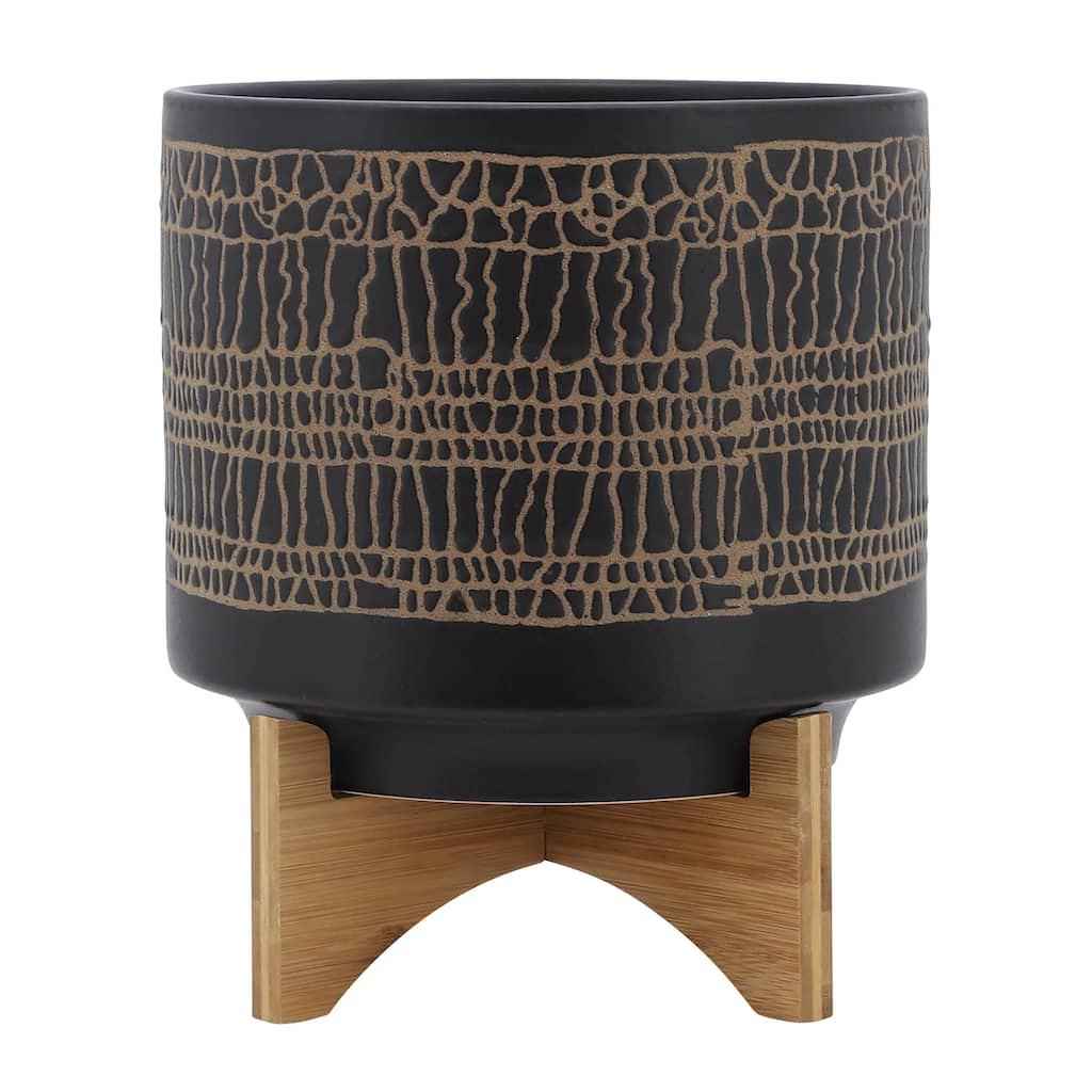 Sagebrook Home Modern Neutral Ceramic Planter Pot with Natural Wood Stand