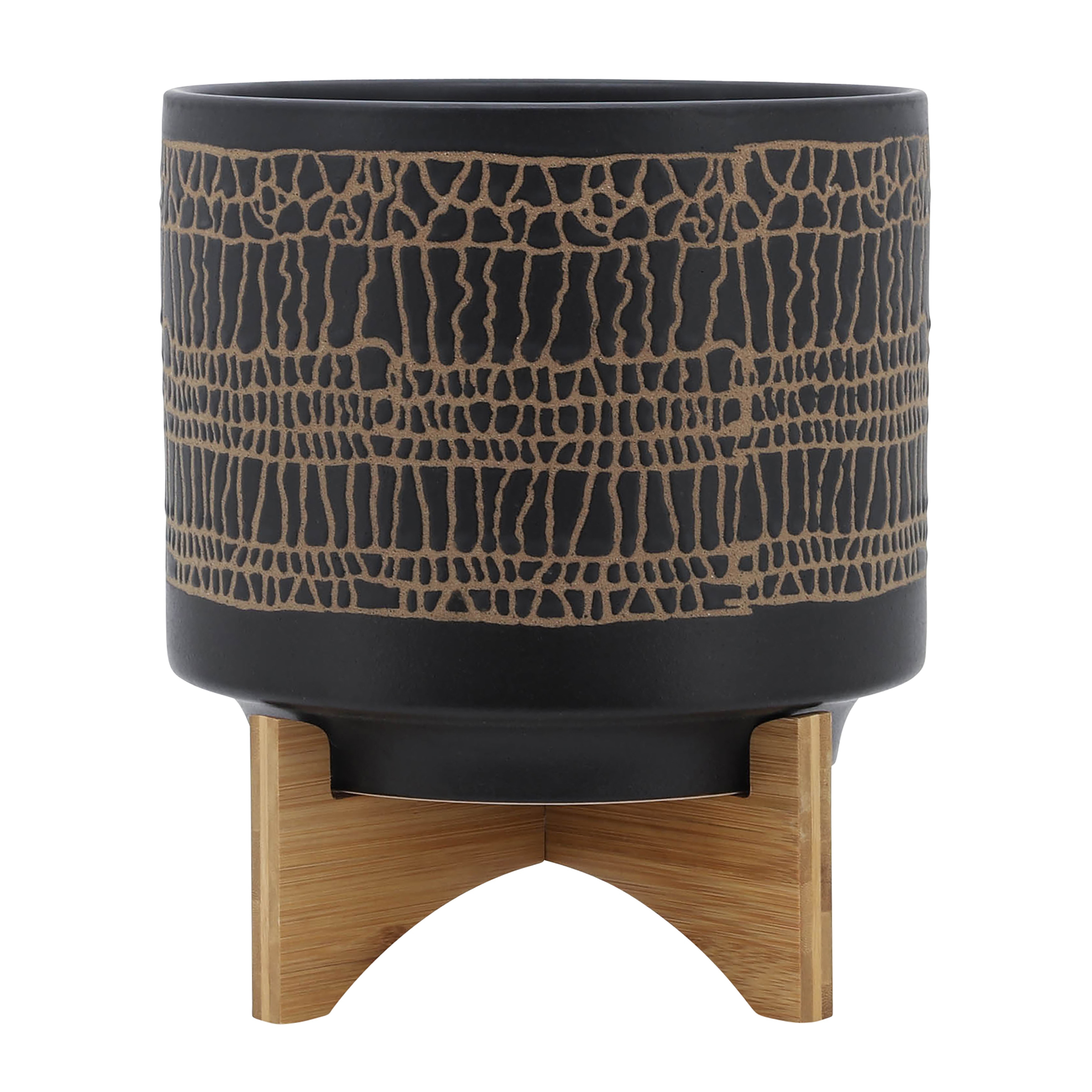 Sagebrook Home Modern Neutral Ceramic Planter Pot with Natural Wood Stand