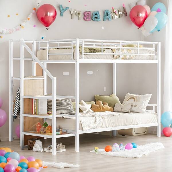 slide 2 of 26, Twin Over Twin Metal Bunk Bed with Lateral Storage Ladder & Wardrobe,Simple Yet Contemporary Bunk Bed,White White