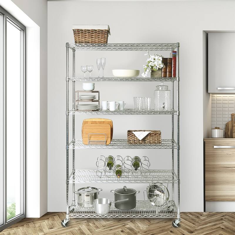 Seville Classics 48 in W x 18 in D x 72 in H, UltraDurable Commercial-Grade 6-Tier Steel Wire Shelving with Wheels