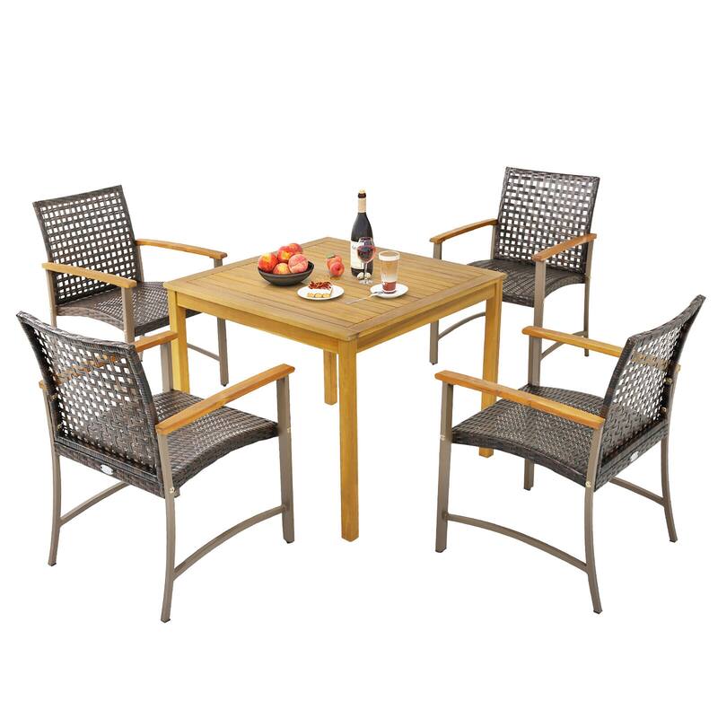 Gymax 5 PCS Patio Dining Set Acacia Wood Table w/ 1.9'' Umbrella Hole - Brown