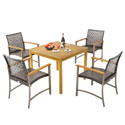 Gymax 5 PCS Patio Dining Set Acacia Wood Table w/ 1.9'' Umbrella Hole