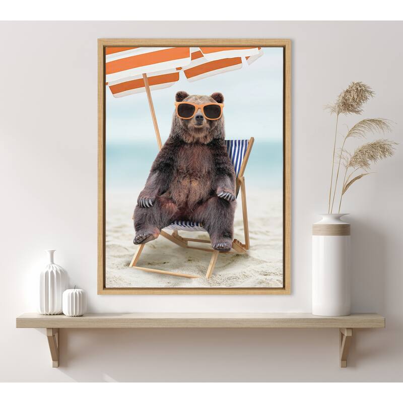 Kate and Laurel Sylvie Beach Chair Bear Framed Canvas by Amy Peterson