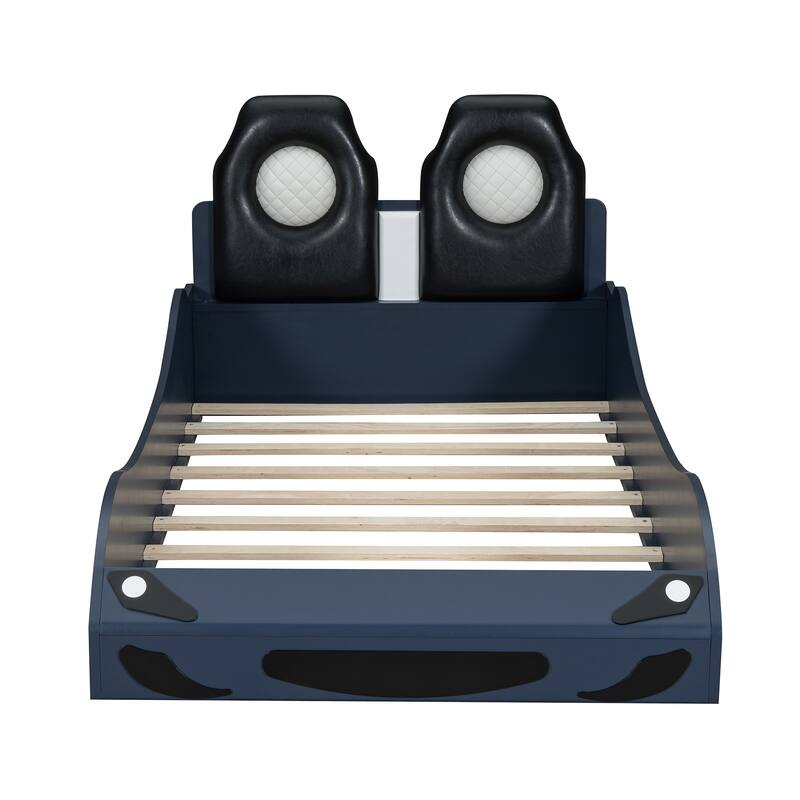 Wood Twin Size Race Car-Shaped Platform Bed With Led And Upholstered Backrest