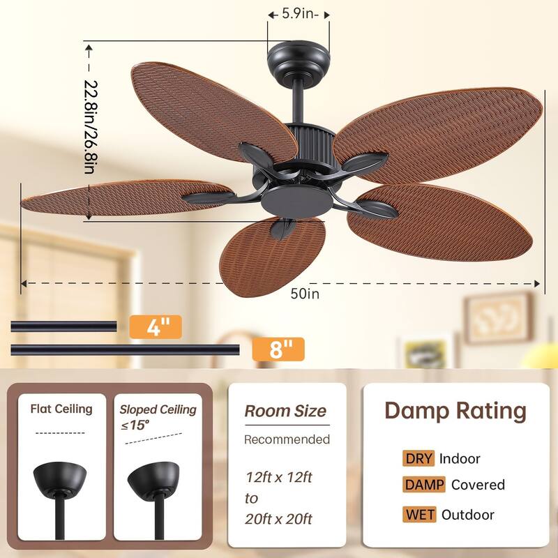 50 Inch Tropical Palm Tropical Indoor/Outdoor Ceiling Fan DC Motor Remote Control - 50 Inches