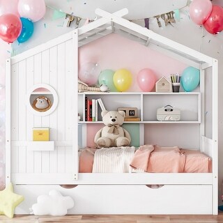 Playhouse Design Full Size House Wooden Bed With Trundle, Modern Design for Kids with Storage Shlef-White