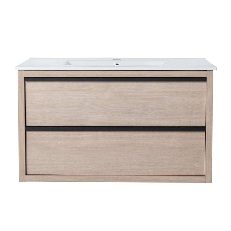 Wall-Mounted Plywood Bathroom Vanity Set in Plain Light Oak with Integrated Sink