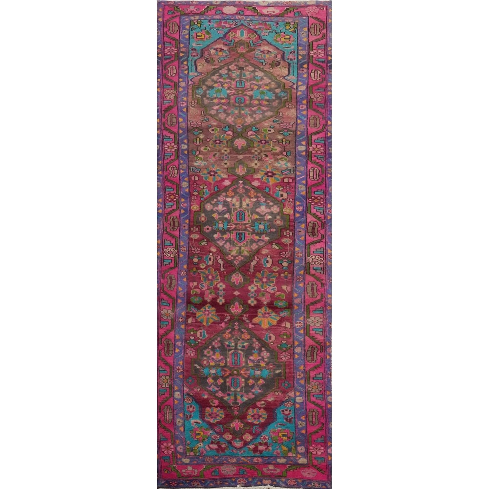 Hand Knotted Oriental 100% Wool Carpet Traditional Geometric Pink Ardebil Runner Rug - 10' 6'' X 3' 0''