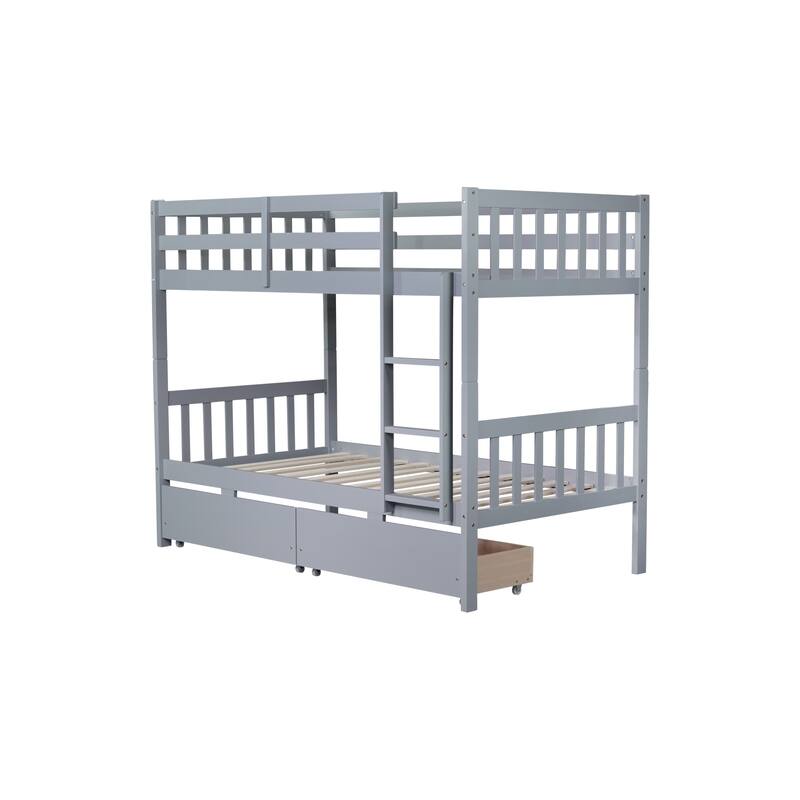 Roomfitters Twin Over Twin Rubber Wood Bunk Bed with Underbed Storage, Convertible to 2 Twin Beds, Ladder & Guardrails