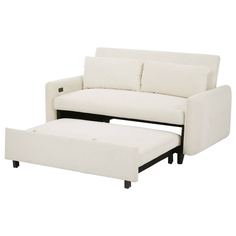 Pull Out Loveseat Sofa Convertible Sleeper LoveSeat Bed, Corduroy Recliner Sofa w2 Pillows & USB Ports 2-seat Armchair聽