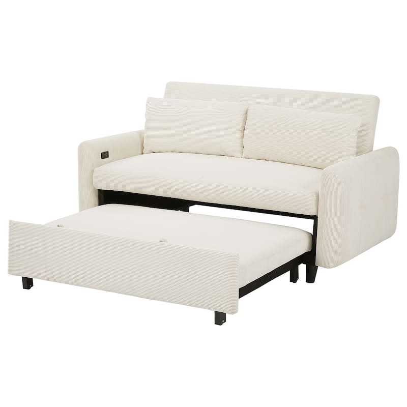 Roomfitters Pull-Out Sofa Bed Convertible 2-Seat Loveseat with Throw Pillows and USB Ports, Modern Sleeper Sofa, Beige