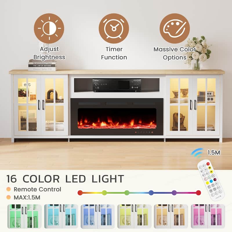 EROMMY 78"/ 97" Fireplace TV Stand with Electric Fireplace, Farmhouse Media Console with LED Lights, Glass Doors