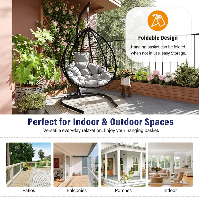 Hanging Hammock Chair with Stand, Foldable Rattan Egg Swing Chair with Iron Frame and Plush Cushion & Removable Headrest