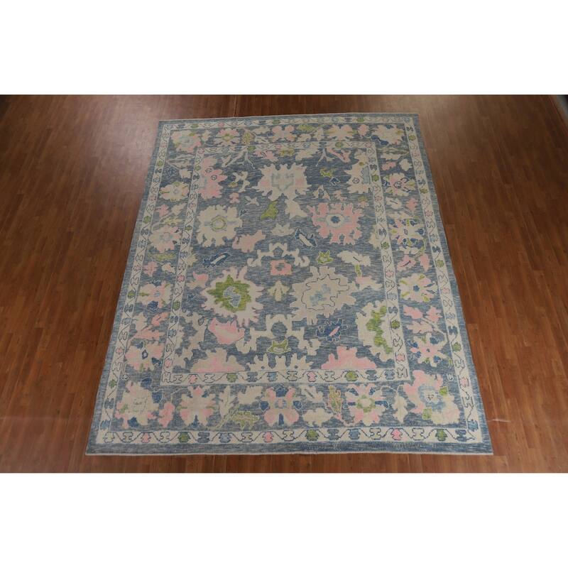 Hand Knotted Oriental 100% Wool Carpet Transitional All-Over Navy Blue & Blues Oushak Area Rug - 11' 7'' X 9' 3''