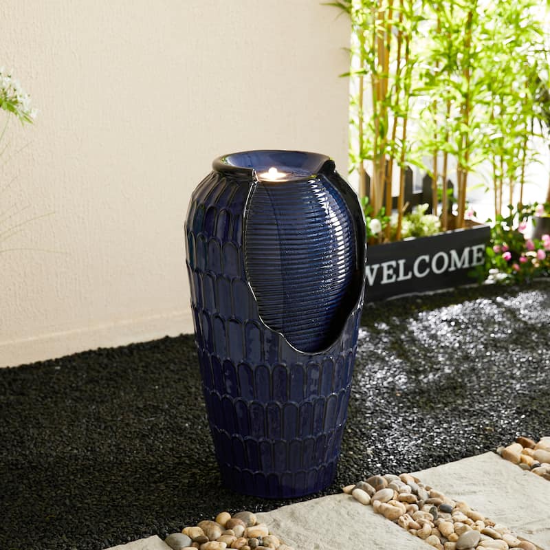 Glitzhome 28"H Oversized Petals Textured Ceramic Jar Outdoor Waterfall Fountain