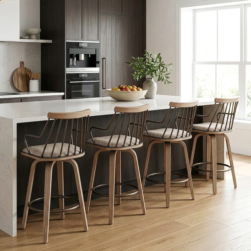 Beatrice Brown and White Woven Fabric Counter Stool with Natural Wood Legs