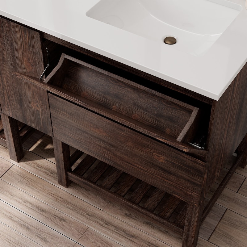 60-Inch Antique Style Solid Wood and MDF Double Sink Bathroom Vanity with Storage