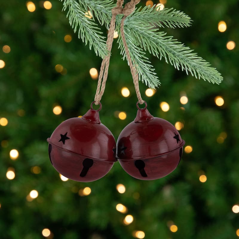 Antiqued Jingle Bell Christmas Ornaments - 3" - Burgundy - Set of 2 - 7"