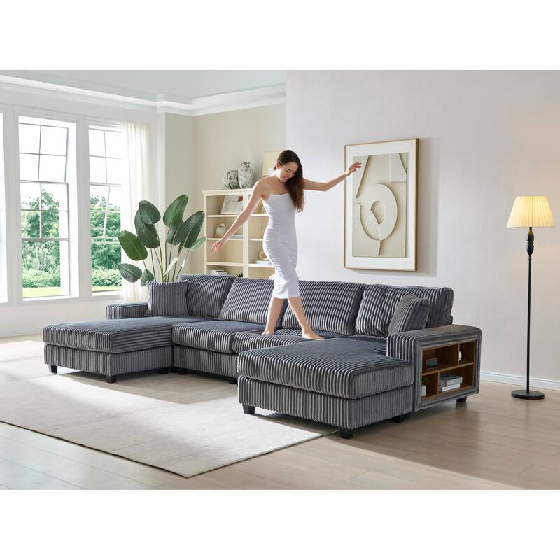 Modern U-Shaped Convertible Sofa, Corduroy Fabric, 4-Seat Large Sectional, Dark Grey