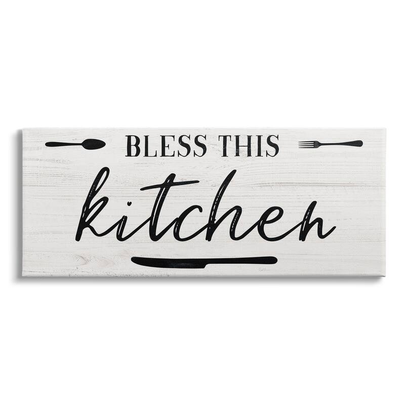Stupell Bless This Kitchen Phrase Minimal Typography Fork Knife Canvas Wall Art - White - 40 x 17