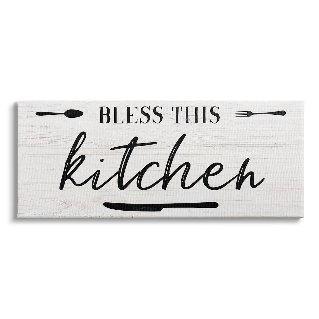 Stupell Bless This Kitchen Phrase Minimal Typography Fork Knife Canvas Wall Art - White