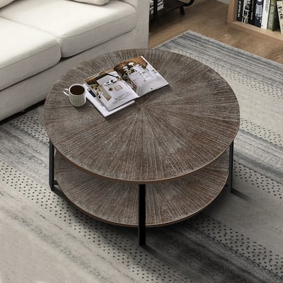 Wood Grain Pattern Coffee Table Dining Table Office Table with Two-Tier Round Console Table Storage Table,Brown