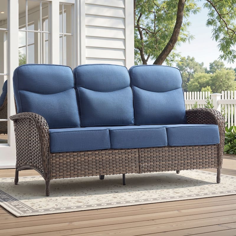 Meyreso 3-Seat Handwoven Wicker Patio Sofa with 6-Inch Thick Cushions - Brown Wicker - Navy Blue Cushions