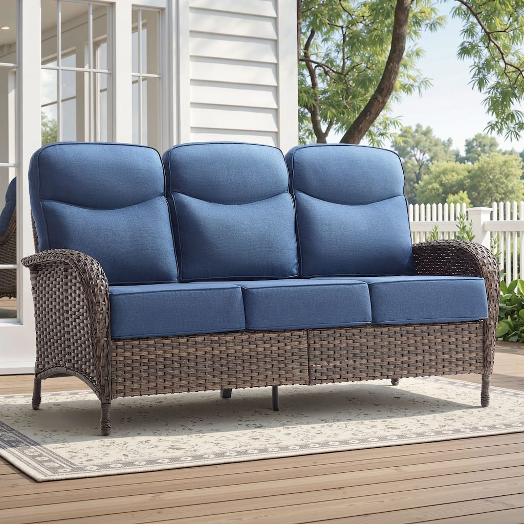 Meyreso 3-Seat Handwoven Wicker Patio Sofa with 6-Inch Thick Cushions