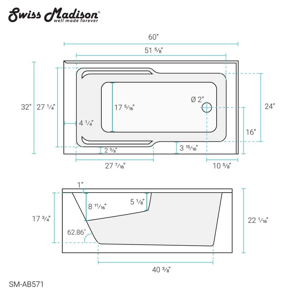 Swiss Madison SM-AB571 Claire 60" Three Wall Alcove Acrylic Soaking