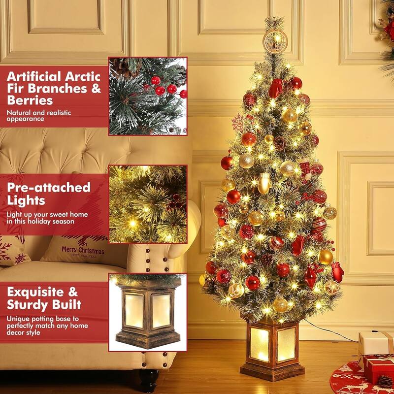 4.5 Ft Artificial Christmas Tree with 200 Warm White LED Lights and Red Berries Potted Base Holiday Xmas Tree