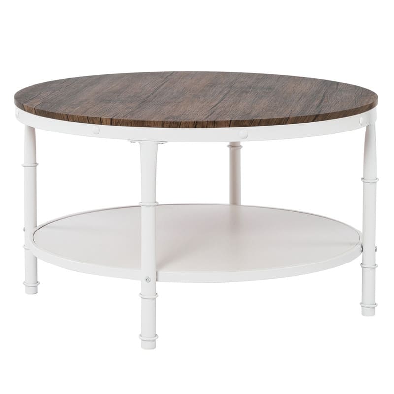 Double-layer Round Dark Walnut-colored Black-veined MDF Panel, White Wrinkled Baked Iron Frame, Industrial Style Coffee Table