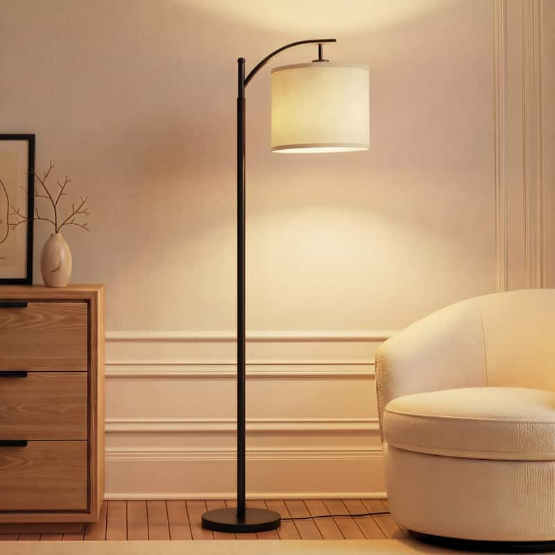 Brightech Montage 62 in. Mid-Century Modern LED Super Bright Floor Lamp with Beige Fabric Drum Shade - Black