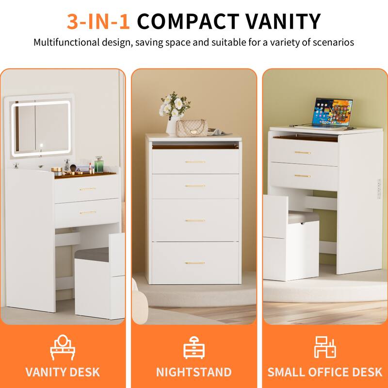 3 in 1 Vanity Desk with Flip Mirror, Glass Top Makeup Table with Charging Station, 3 Drawers & Stool for Bedroom