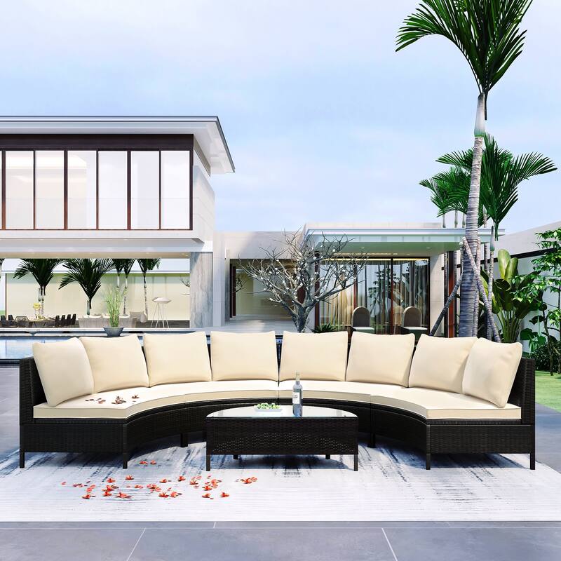5-Piece All-Weather Brown PE Rattan Sectional Sofa Set - Outdoor Patio Half-Moon Wicker Furniture with Tempered Glass Table - Beige