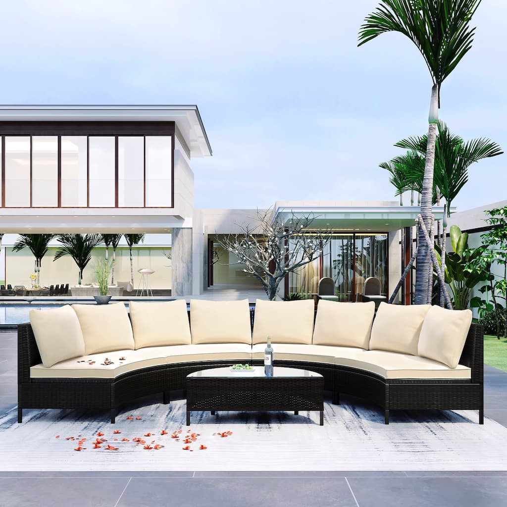 Roomfitters Outdoor Half Moon Curved Rattan Sofa Set, Modular Wicker Sectional Patio Furniture with Glass Coffee Table