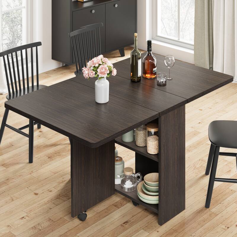 Folding Dining Table with 2 Tier Storage, Extendable Kitchen Table