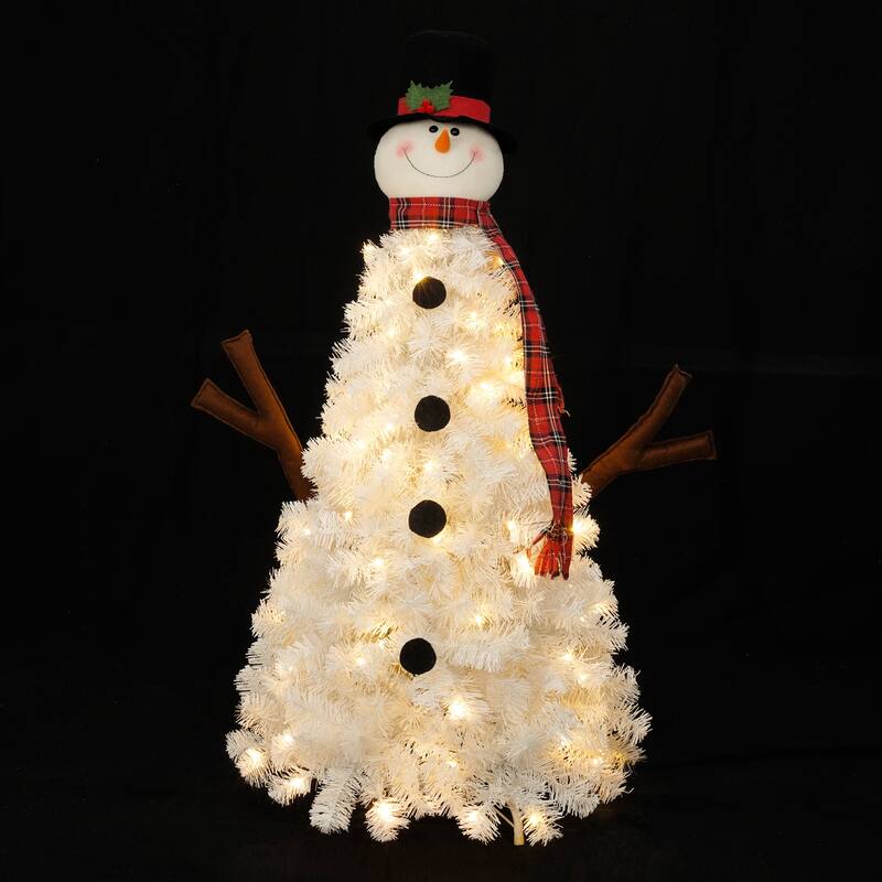 4 FT Pre-lit Hinged Full Tree, Snowman-Shaped Artificial Christmas Tree with LED Lights and 380 Branch Tips for Festival