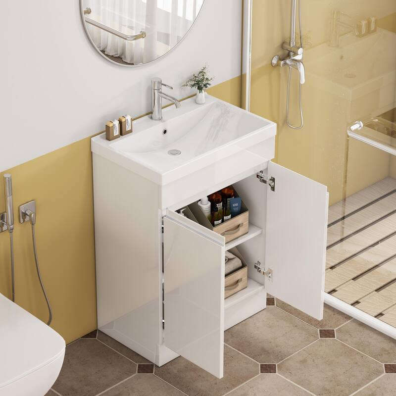Modern Bathroom Vanity 24 Inch, All-in-One with Sink, Mirror & Handle-Free Storage, Soft-Close and Easy Assembly