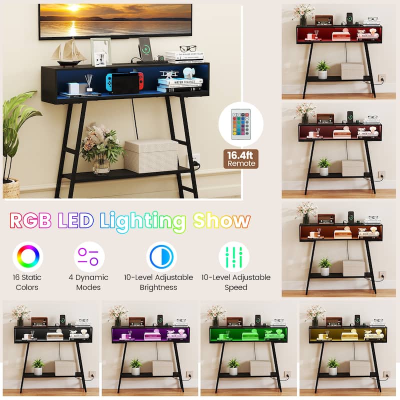 Gymax 40'' Console Table w/ Power Strip 3-Tier Entryway Table w/ RGB