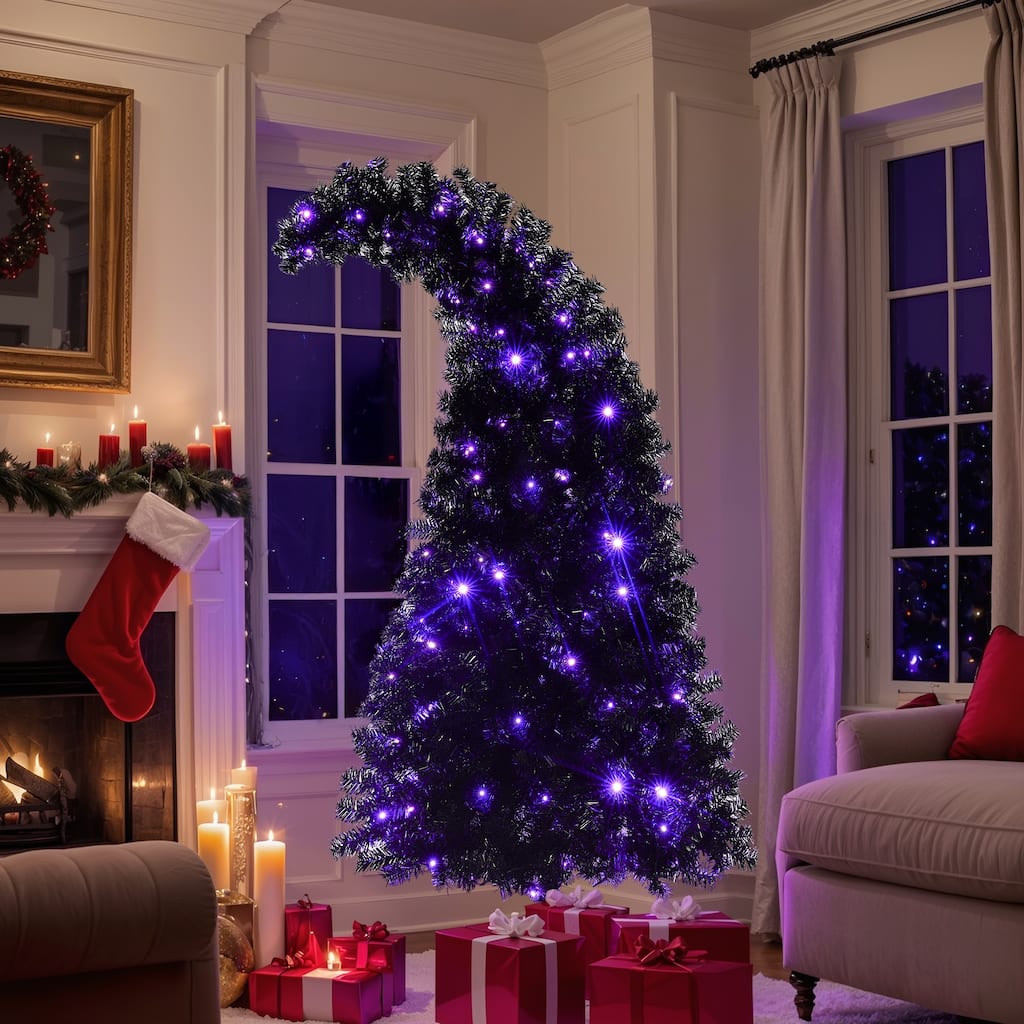 6FT Curved Shape Artificial Whimsical Xmas Tree with 900 Tips, Black Christmas Tree - N/A